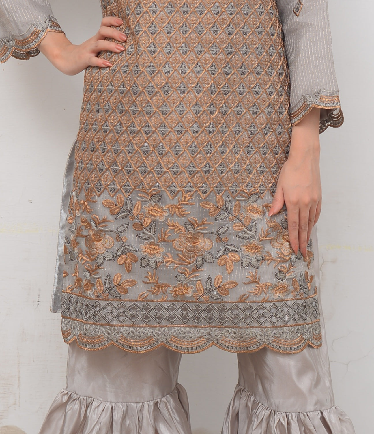 Embroidered Stitched 3-Piece Festive Silk Garara Set with Short Shirt & Sheer Dupatta