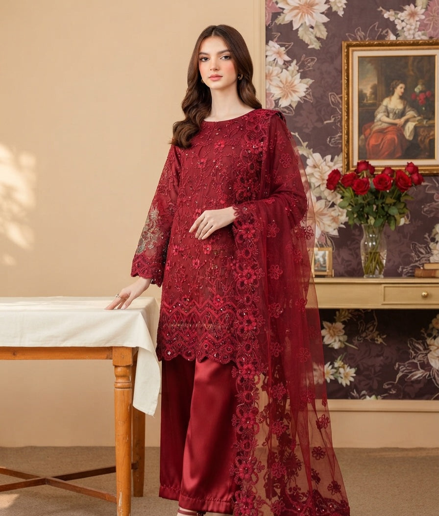 Maroon Embroidered Net Festive 3-Piece Stitched Suit | Luxury Party Wear