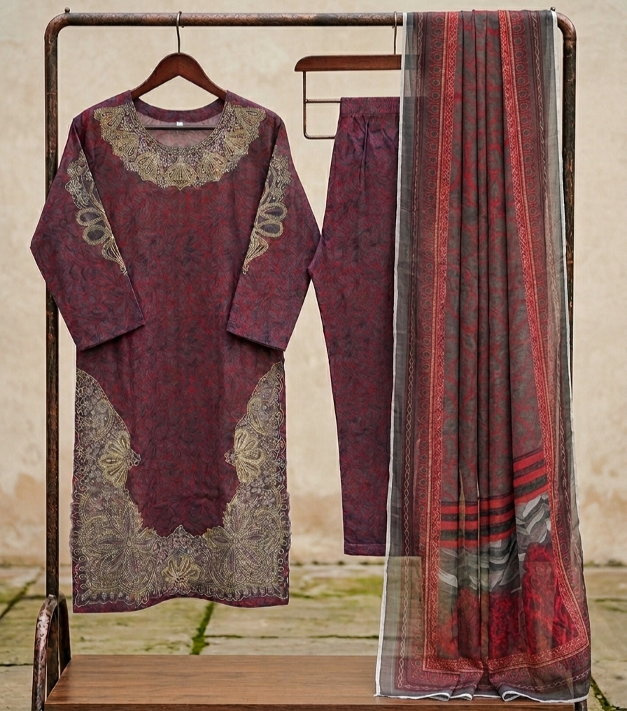 Elegant Deep Mehroon Printed Lawn 3-Piece Stitched Suit with Embroidered