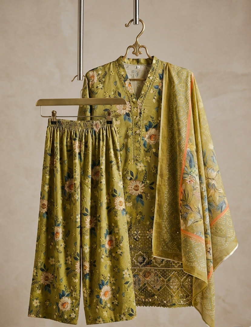 Olive Green Floral Printed Embroidered Lawn 3-Piece Stitched Suit for Women