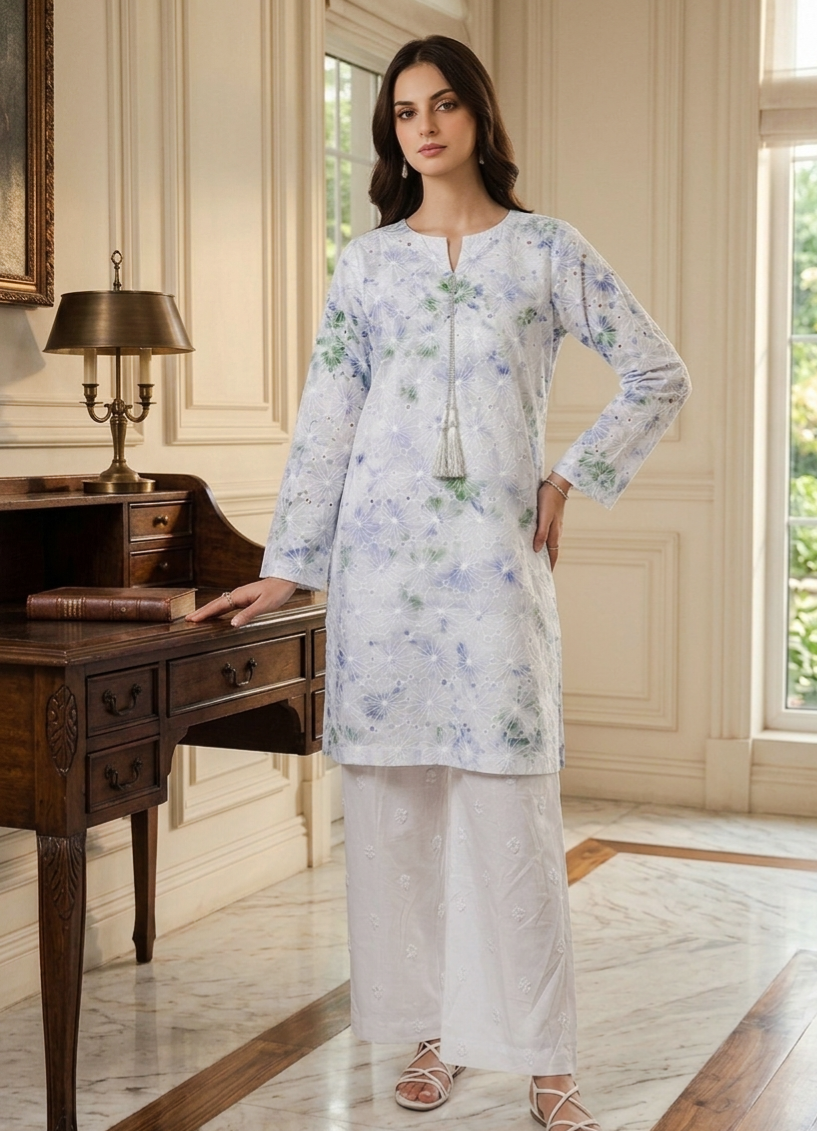 White Floral Chikankari Lawn 2-Piece Stitched Suit with Cotton Trouser