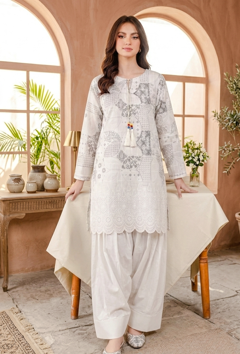 Elegant Off-White 2-Piece Embroidered Lawn Suit with Farshi Shalwar