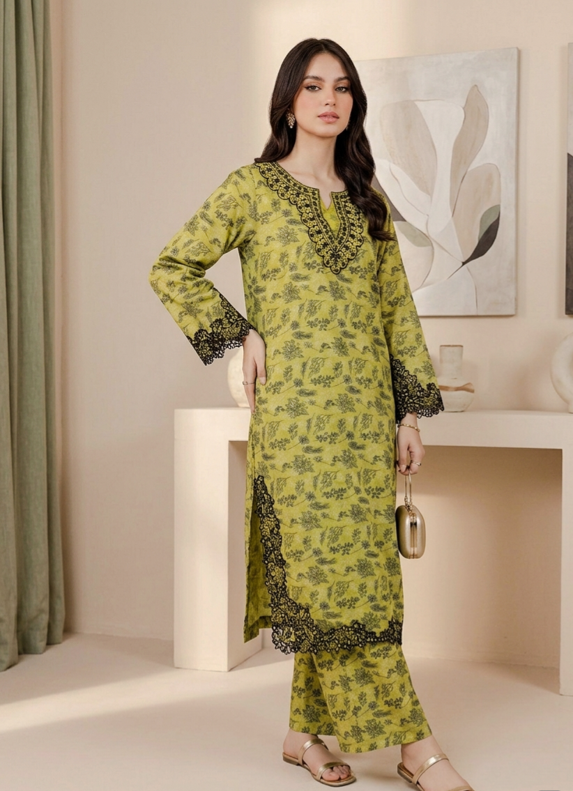 Lime Green Printed Lawn 2-Piece Stitched Suit with Elegant Embroidery