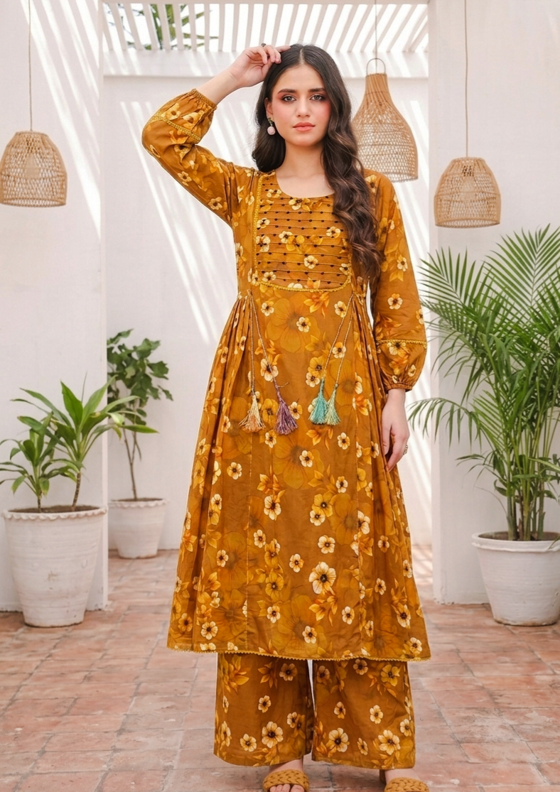 Mustard Floral Printed 2-Piece Stitched Lawn Frock with printed Trouser