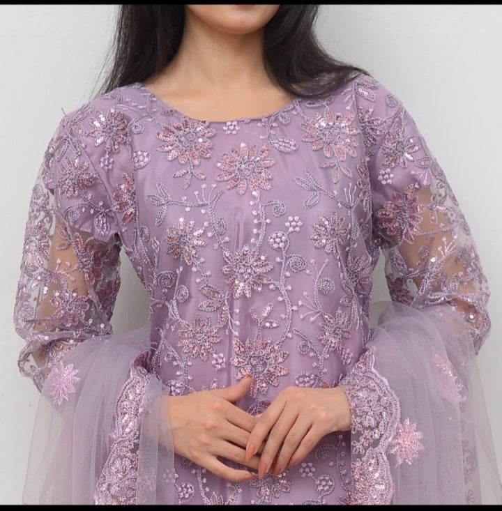 Lavender Purple Embroidered Stitched Festive Party Wear – 3 Piece Stitched Garara Set with Net Dupatta