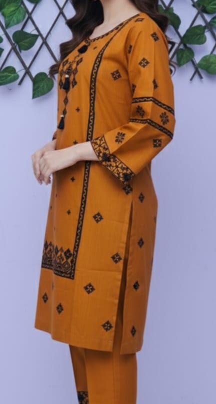 Stylish Mustard Embroidered Kurta Trouser Set for Women – Premium Lawn 2 Piece Stitched Suit | Casual & Daily Wear