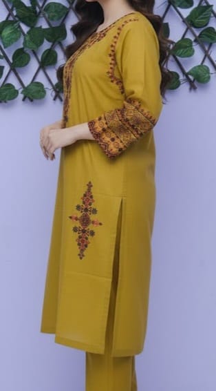 Elegant Mustard Yellow Embroidered Kurta Trouser Set for Women – Premium Lawn 2 Piece Stitched Suit | Casual & Festive Wear