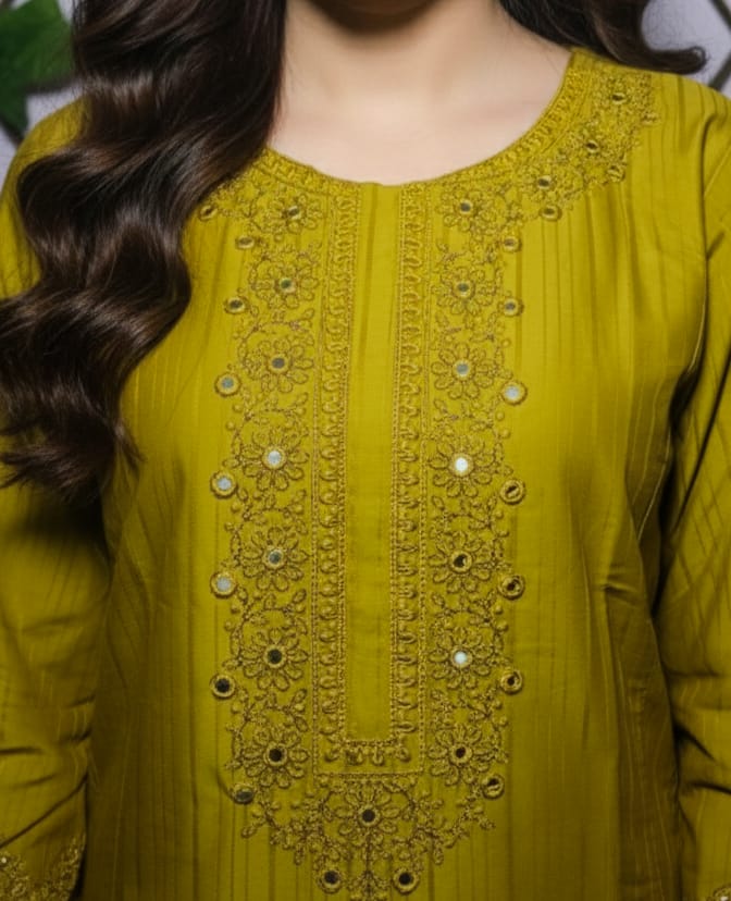 Elegant Olive Green Embroidered Kurta Trouser Set for Women – Premium Lawn 2 Piece Stitched Suit | Minimal Festive Wear