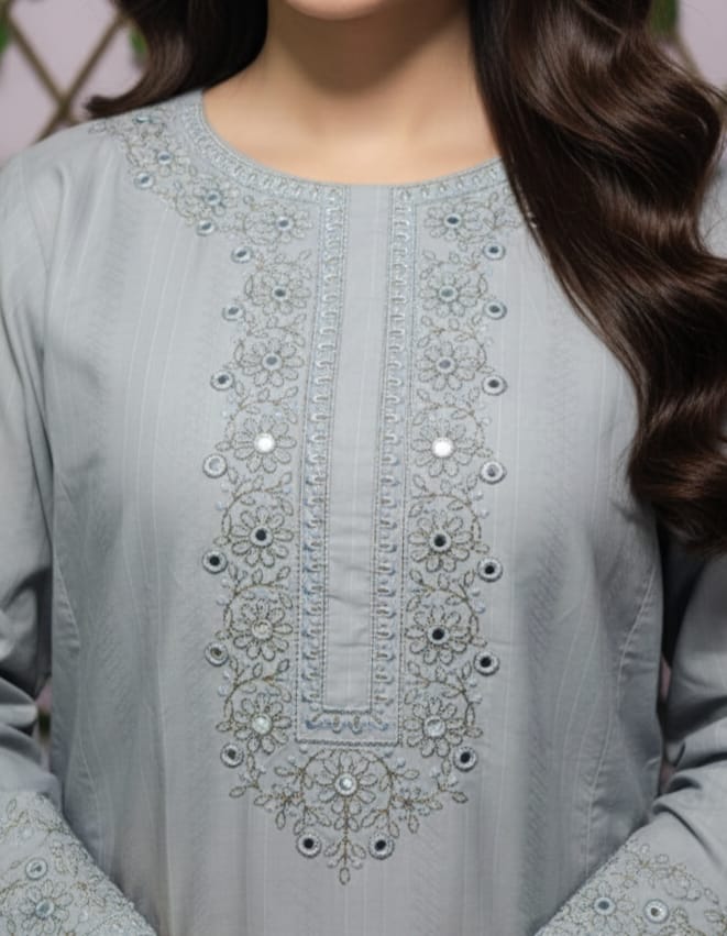 Elegant Grey Embroidered Kurta Trouser Set for Women – Premium Lawn 2 Piece Stitched Suit | Minimal Office & Casual Wear