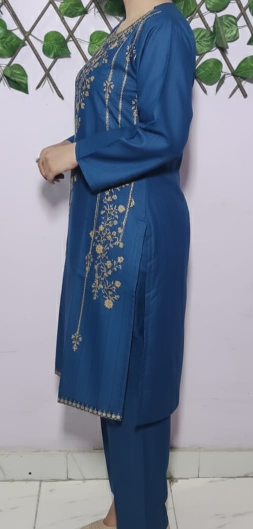 Luxury Blue Embroidered Kurta Trouser Set for Women – Premium Lawn 2 Piece Stitched Suit | Festive & Party Wear