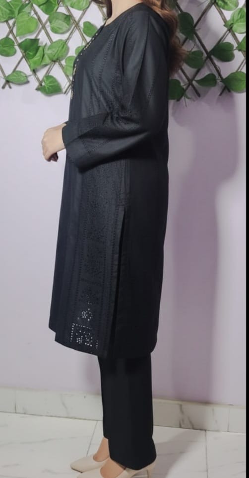 Elegant Black Minimal Kurta Trouser Set for Women – Premium Lawn 2 Piece Stitched Suit | Office & Casual Wear