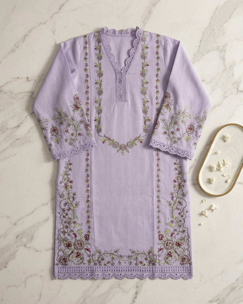 Elegant Lilac Embroidered Kurta Trouser Set for Women – Premium Lawn 2 Piece Stitched Suit | Casual & Semi-Formal Wear