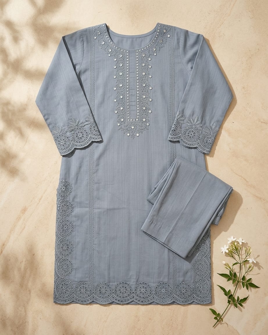 Elegant Grey Embroidered Kurta Trouser Set for Women – Premium Lawn 2 Piece Stitched Suit | Minimal Office & Casual Wear