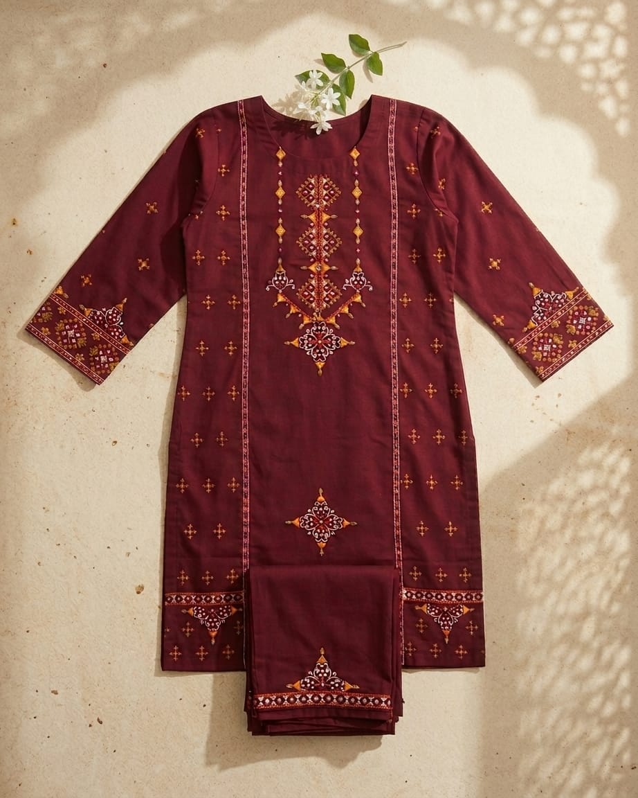 Elegant Maroon Embroidered Kurta Trouser Set for Women – Premium Lawn 2 Piece Stitched Suit | Casual & Festive Wear