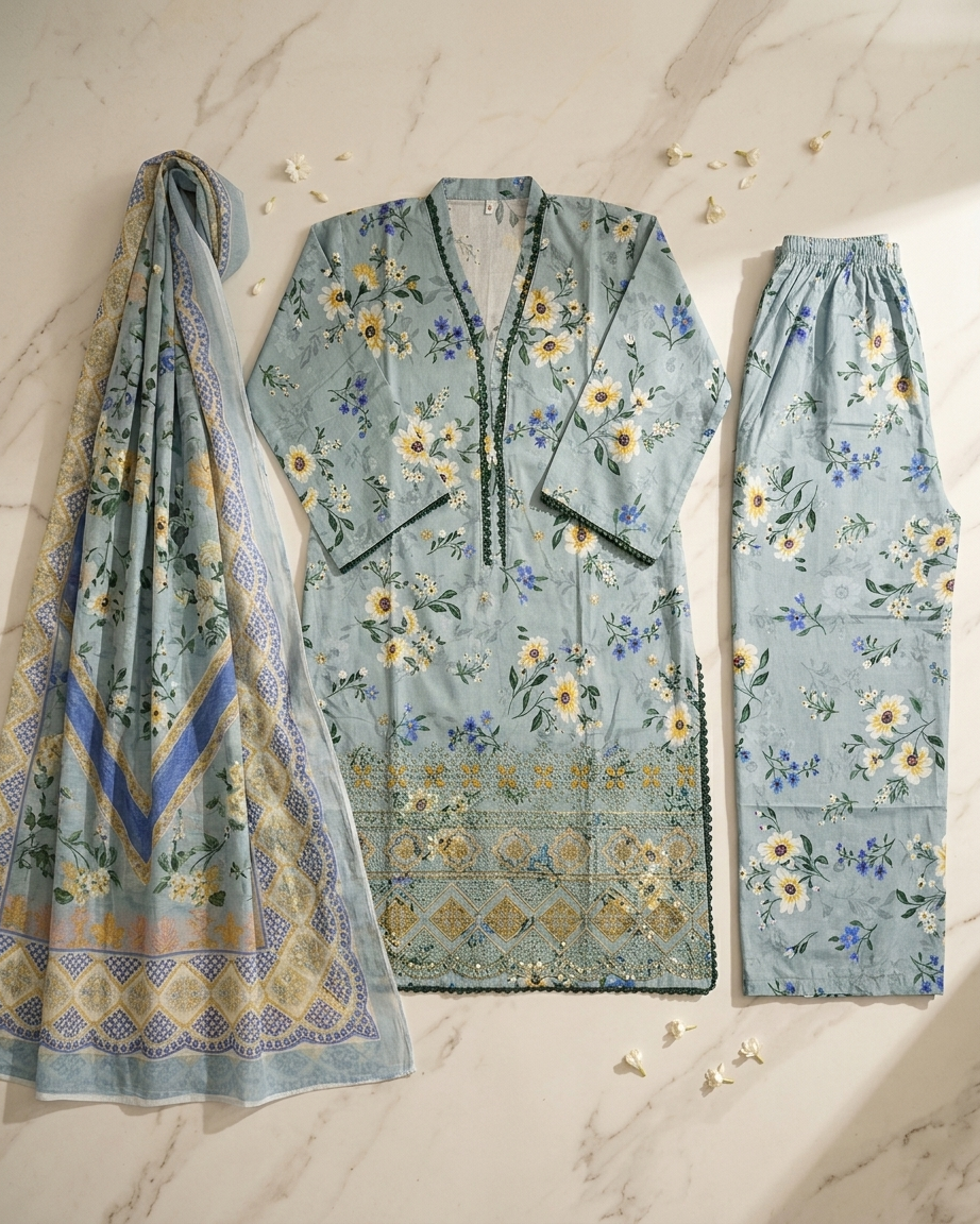 Light Blue Floral Printed Lawn 3-Piece Stitched Suit with Embroidered Daman