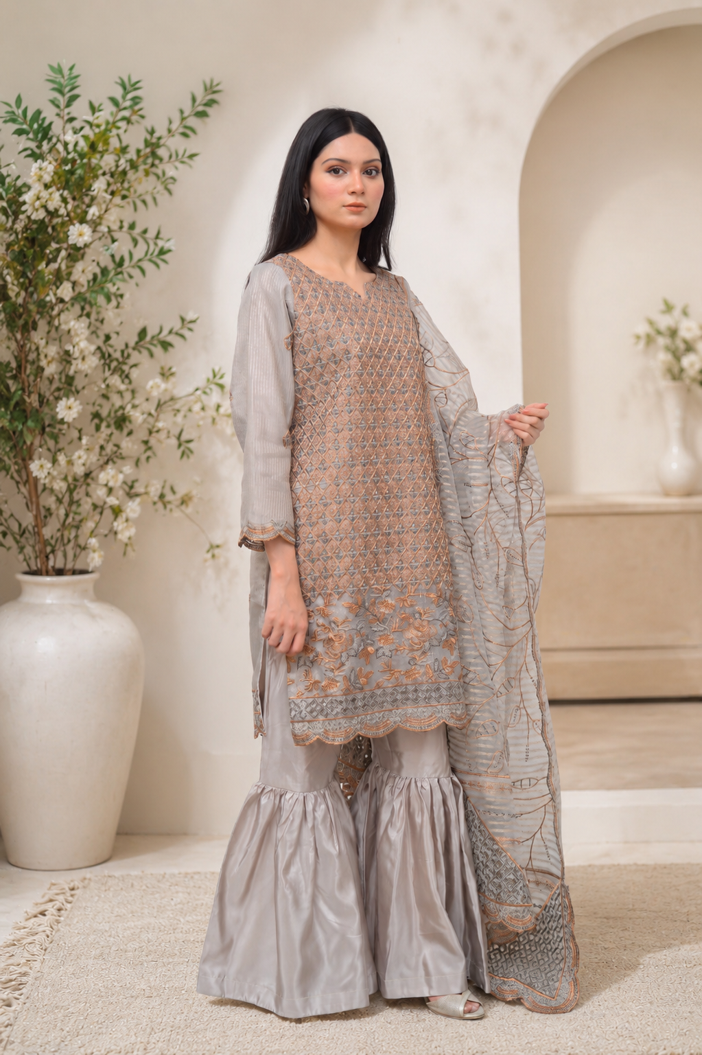 Embroidered Stitched 3-Piece Festive Silk Garara Set with Short Shirt & Sheer Dupatta