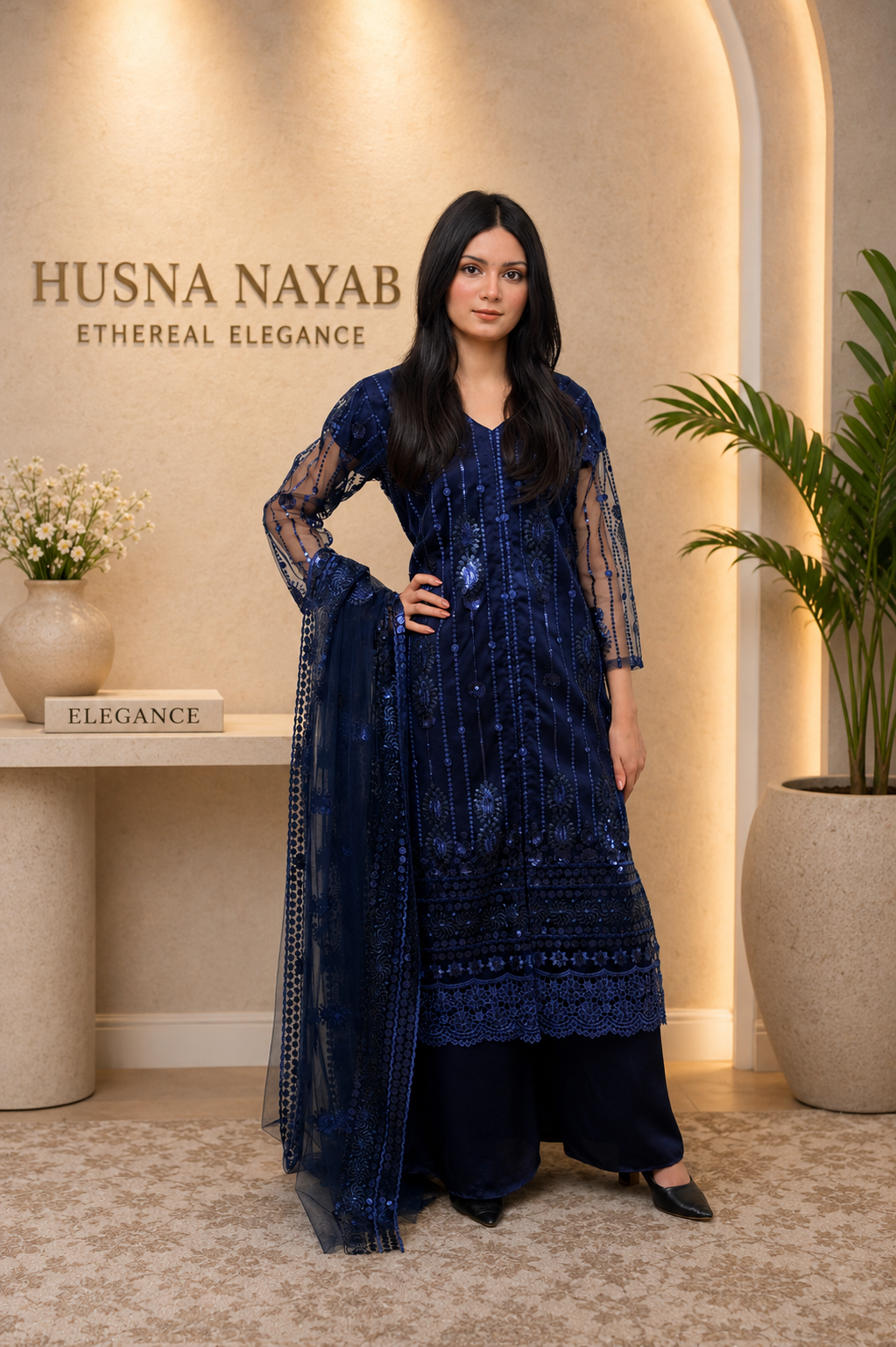 Navy Blue Embroidered Net Stitched 3-Piece Festive Suite - Long Open Shirt with Silk Sharara