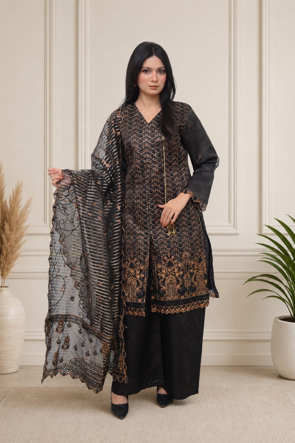 Elegant Black Embroidered Stitched 3-Piece Festive Suit - Short Open Shirt with Wide-Leg Trousers & Organza Dupatta