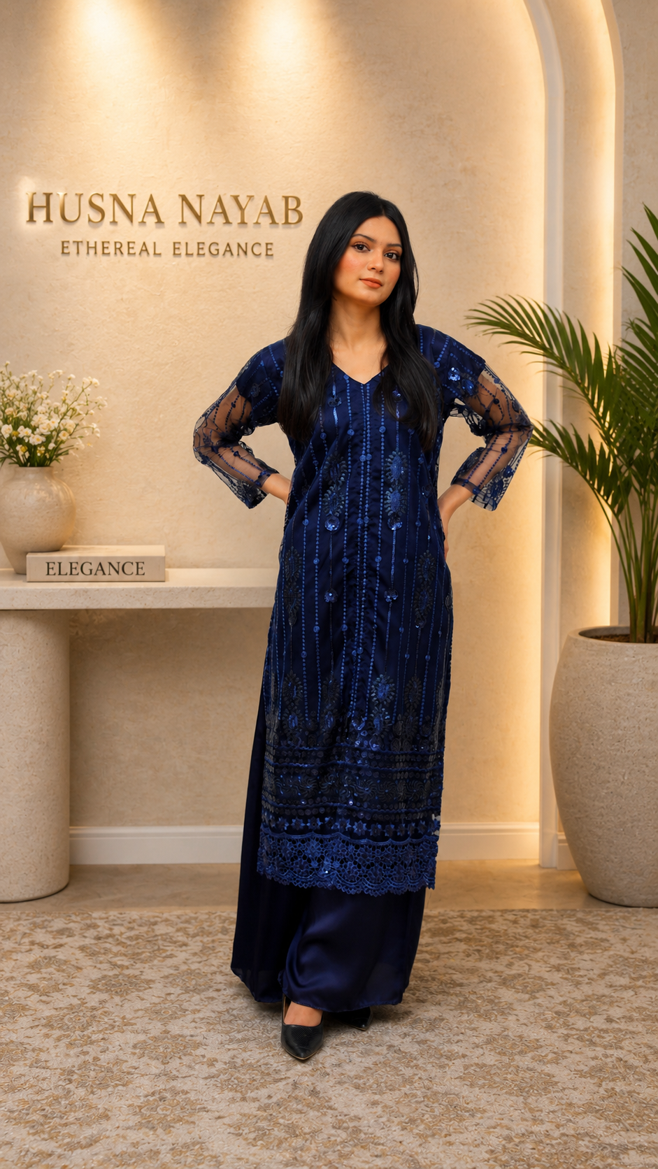 Navy Blue Embroidered Net Stitched 3-Piece Festive Suite - Long Open Shirt with Silk Sharara