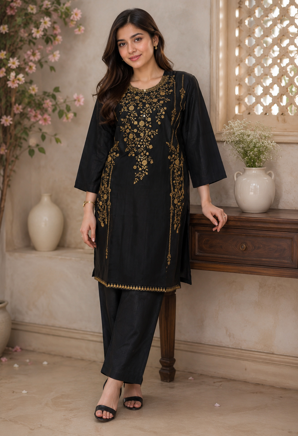 Luxury Black Embroidered Kurta Trouser Set for Women – Premium Lawn 2 Piece Stitched Suit | Festive & Party Wear