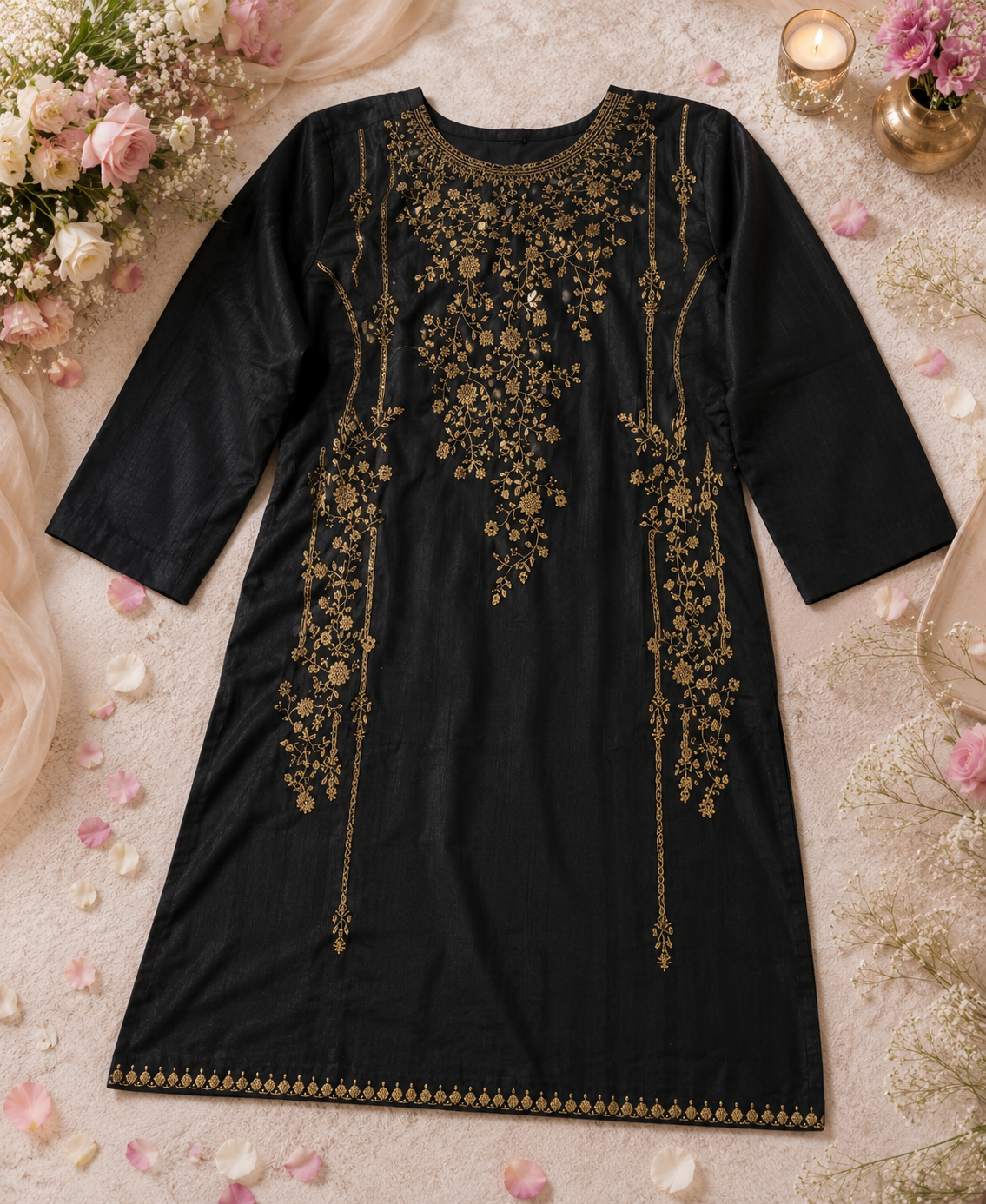 Luxury Black Embroidered Kurta Trouser Set for Women – Premium Lawn 2 Piece Stitched Suit | Festive & Party Wear