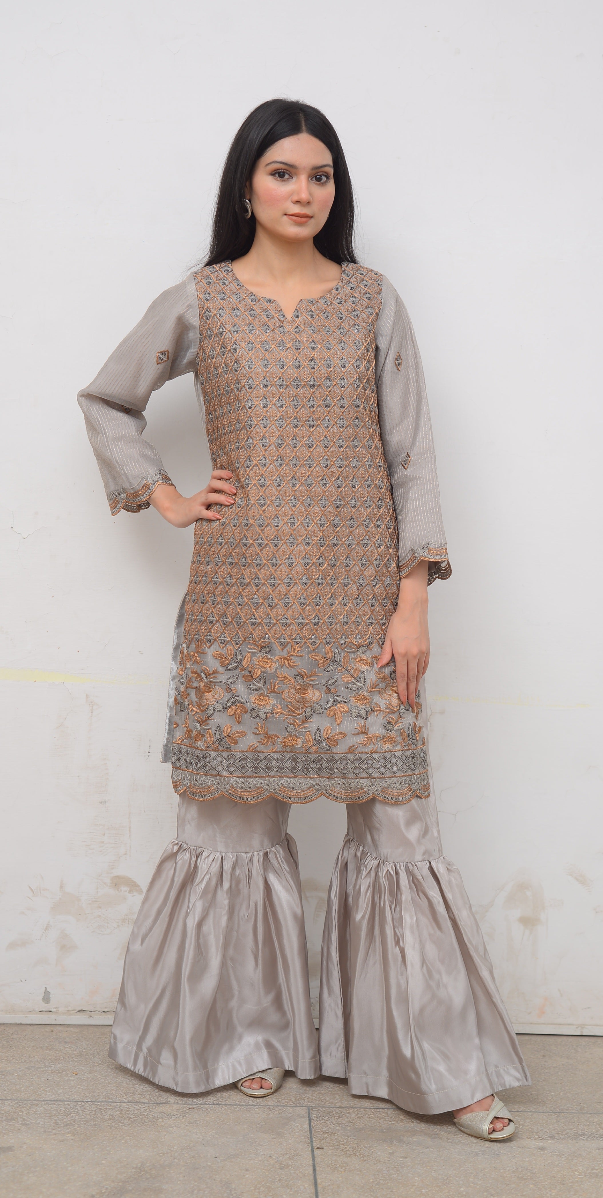Embroidered Stitched 3-Piece Festive Silk Garara Set with Short Shirt & Sheer Dupatta