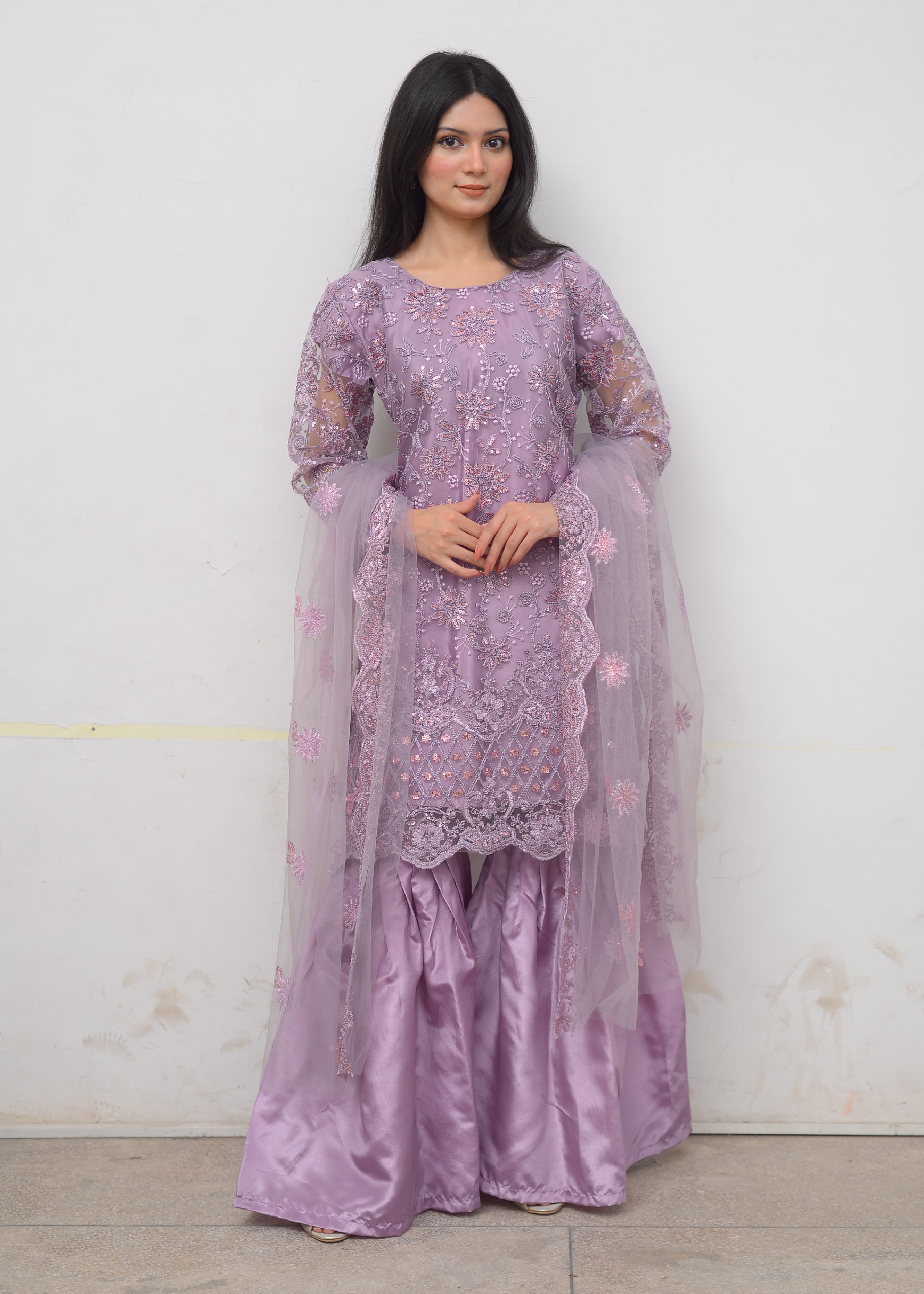 Lavender Purple Embroidered Stitched Festive Party Wear – 3 Piece Stitched Garara Set with Net Dupatta