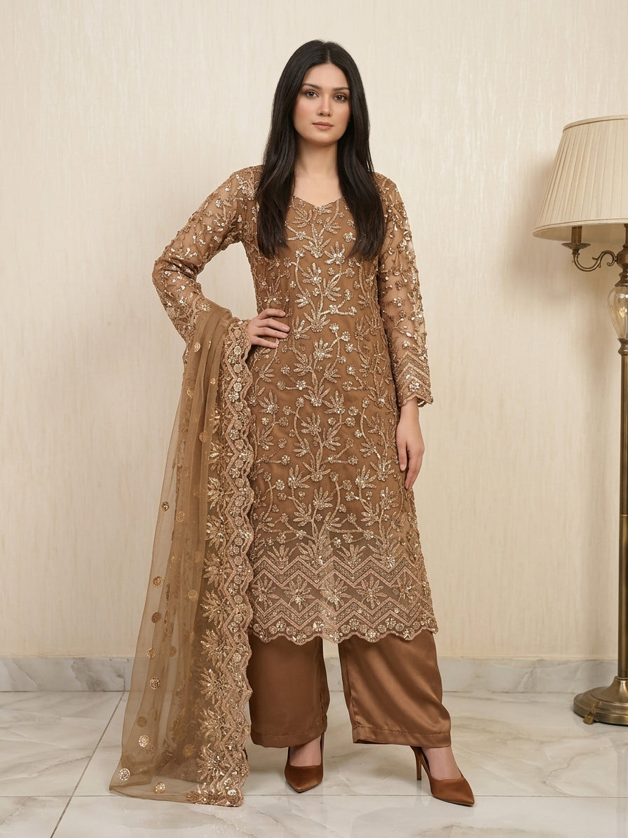 Brown Embroidered Net 3-Piece Festive Suit | Husna Nayab Clothing