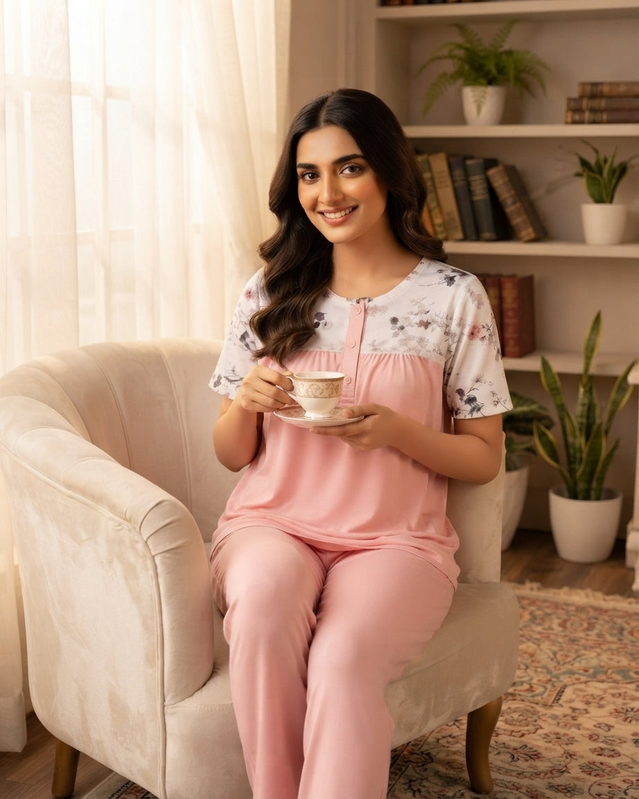 Peach Jersey Cotton Printed Night Suit for Women – Husna Nayab Clothing