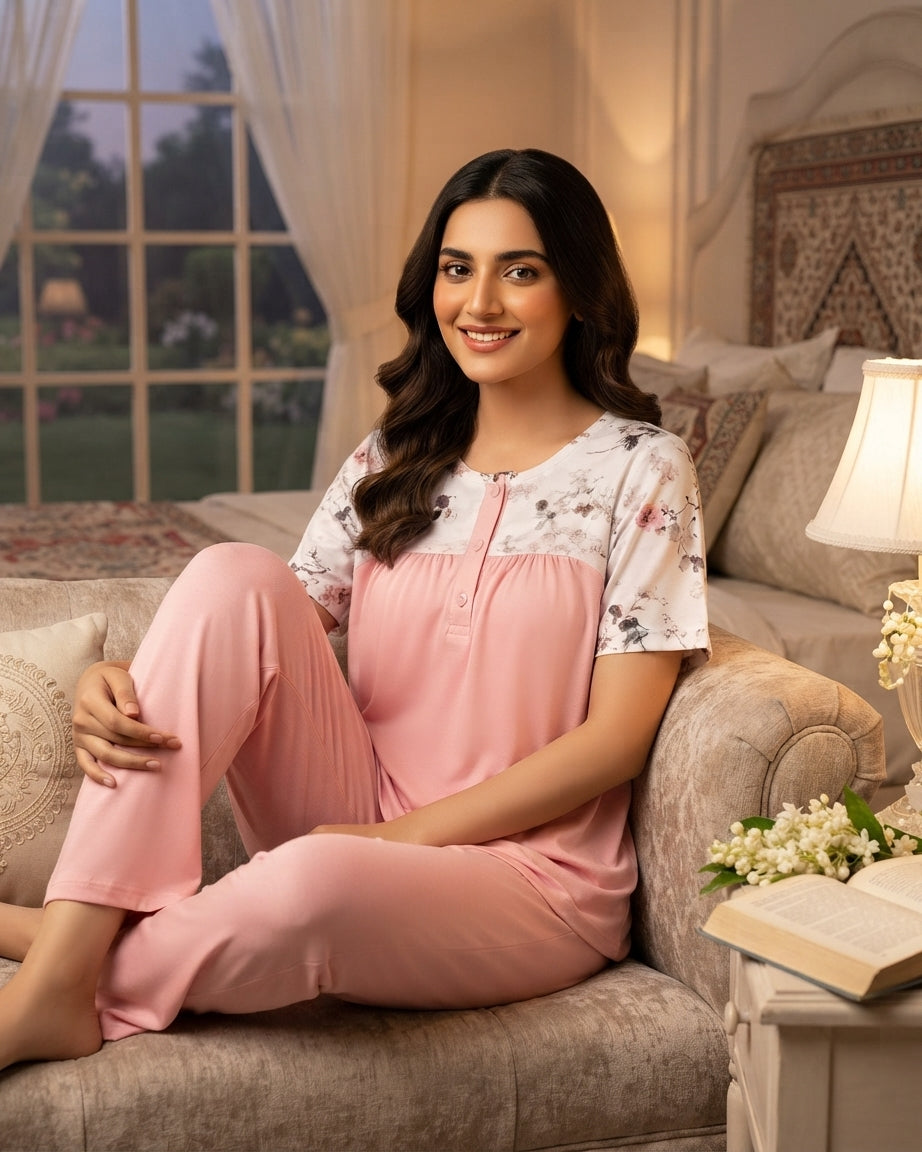 Peach Jersey Cotton Printed Night Suit for Women – Husna Nayab Clothing