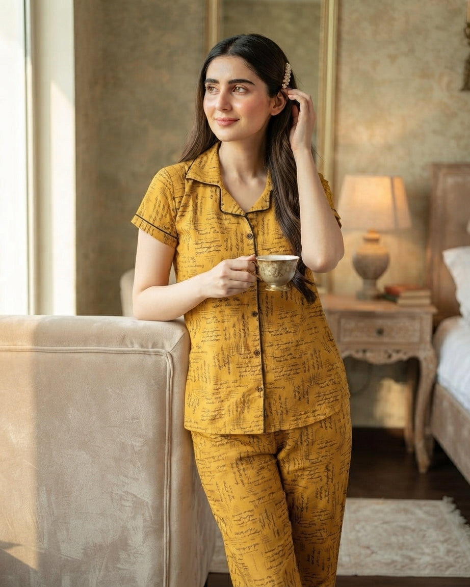 Mustard Jersey Cotton Printed Night Suit for Women | Husna Nayab Clothing