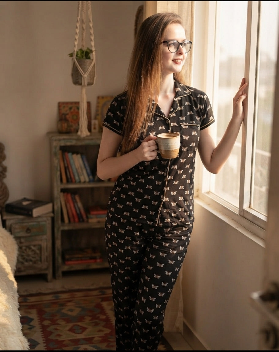 Black Butterfly Printed Jersey Cotton Night Suit for Women