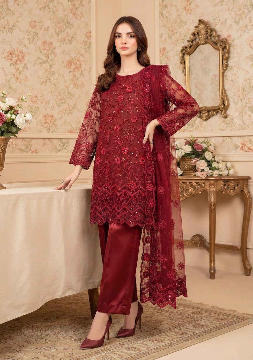 Maroon Embroidered Net Festive 3-Piece Stitched Suit | Luxury Party Wear
