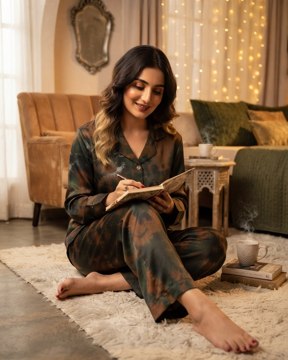 Luxury Silk Night Suit for Women – Olive Green & Brown Tie-Dye Silk Shirt & Trouser Set | Husna Nayab Clothing