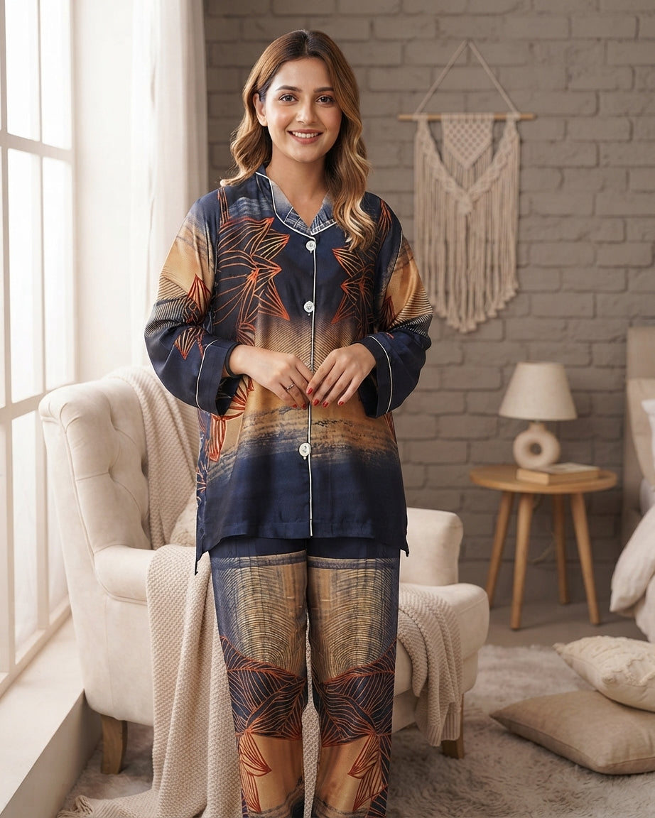 Navy Blue Abstract Print Silk Night Suit for Women – Husna Nayab Clothing