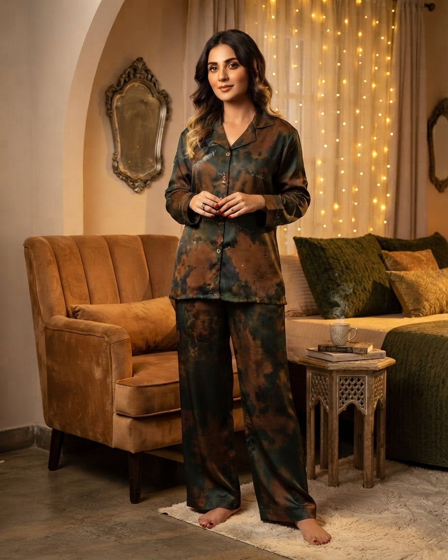 Luxury Silk Night Suit for Women – Olive Green & Brown Tie-Dye Silk Shirt & Trouser Set | Husna Nayab Clothing