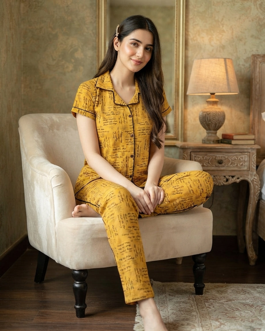 Mustard Jersey Cotton Printed Night Suit for Women | Husna Nayab Clothing