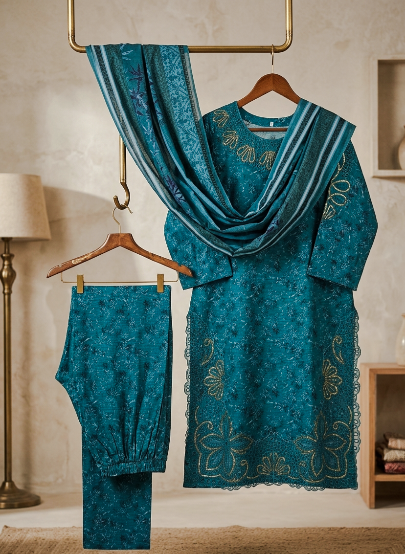 Teal Blue Embroidered Lawn 3-Piece Stitched Suit Printed Shirt with Printed Trouser & Printed Dupatta