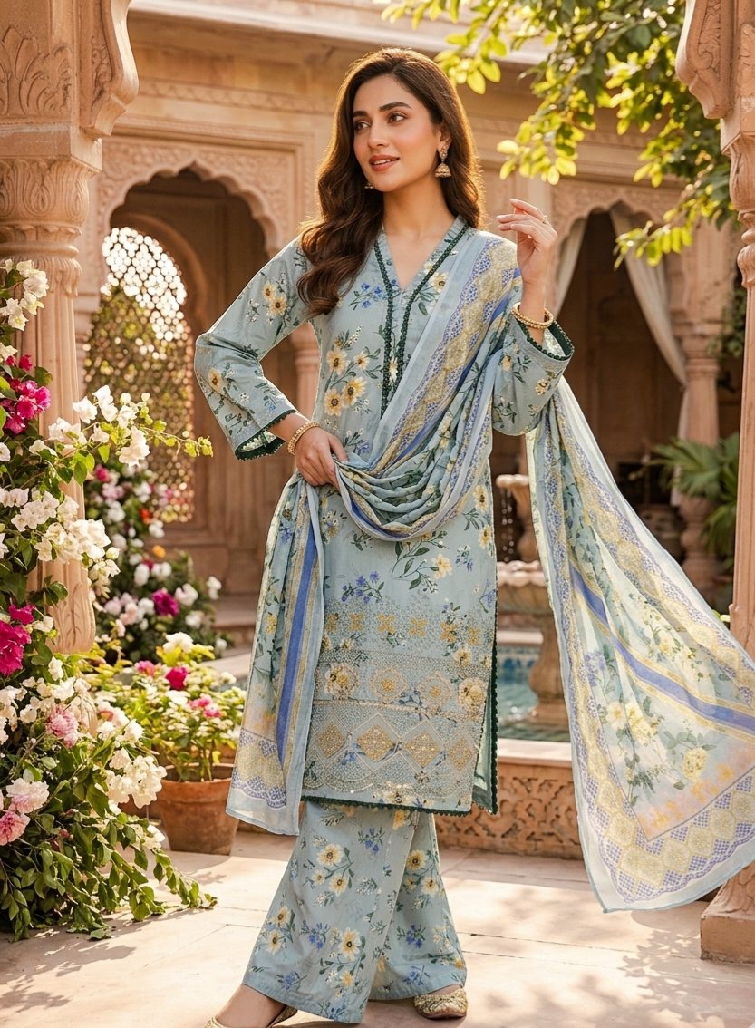 Light Blue Floral Printed Lawn 3-Piece Stitched Suit with Embroidered Daman