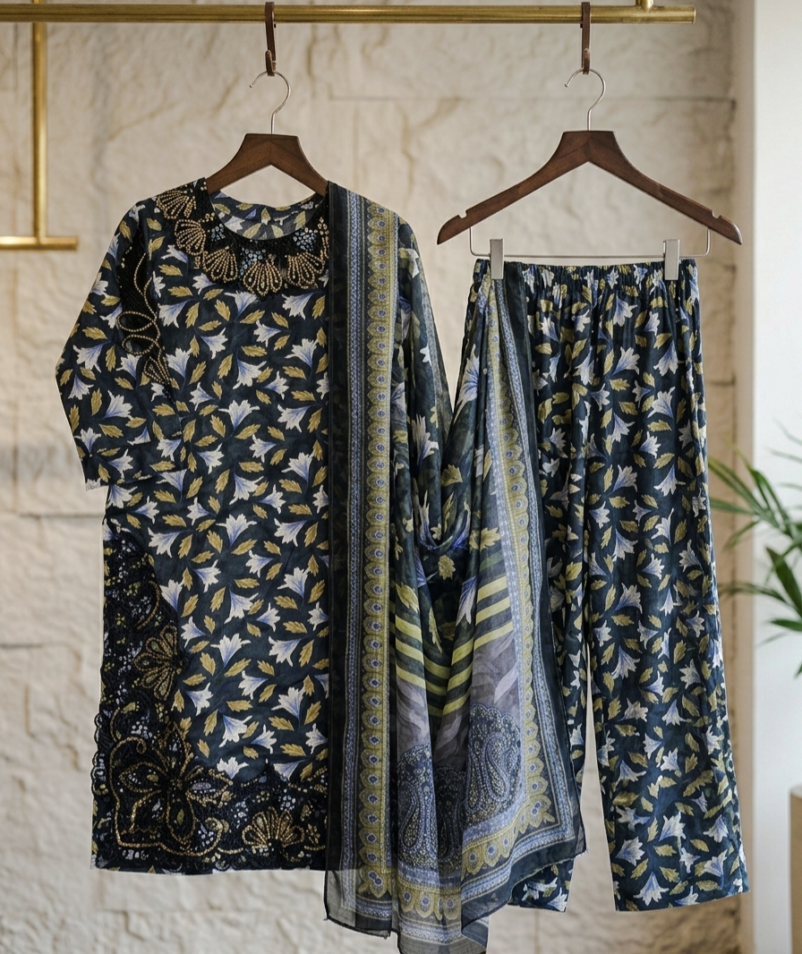 Elegant Black Floral Printed Embroidered Lawn 3-Piece Stitched Suit