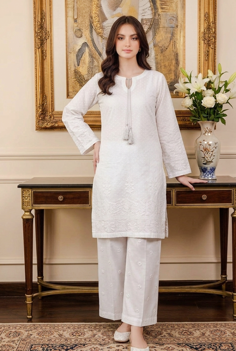 Elegant White Embroidered Lawn Kurti with Cotton Trouser - 2 Piece Stitched Suit