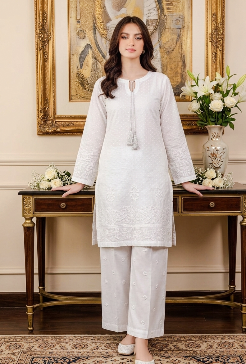 Elegant White Embroidered Lawn Kurti with Cotton Trouser - 2 Piece Stitched Suit