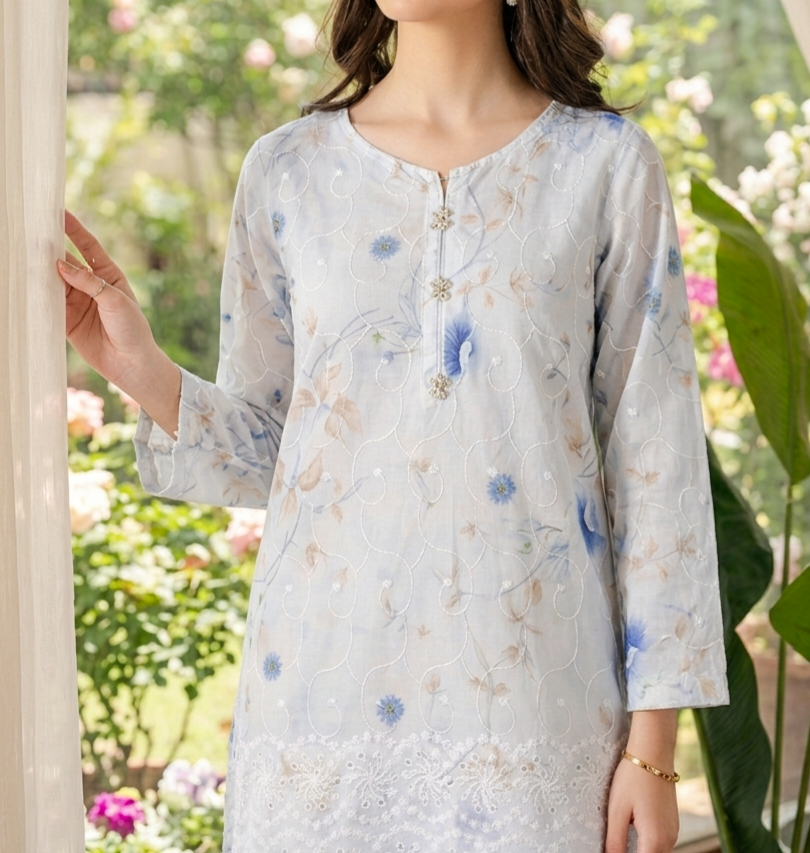 Floral Embroidered Lawn Shirt with Off-White Farshi Shalwar - 2 Piece Stitched Suit