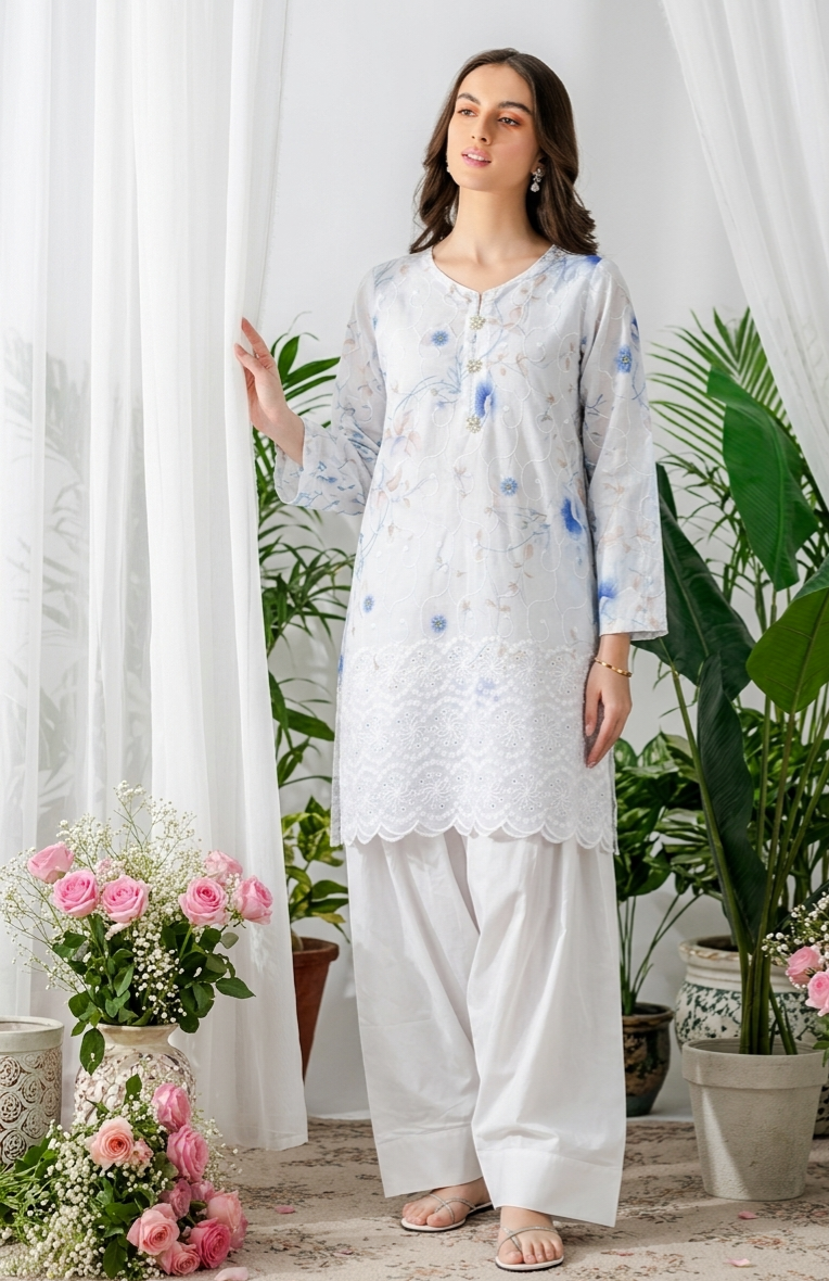 Floral Embroidered Lawn Shirt with Off-White Farshi Shalwar - 2 Piece Stitched Suit