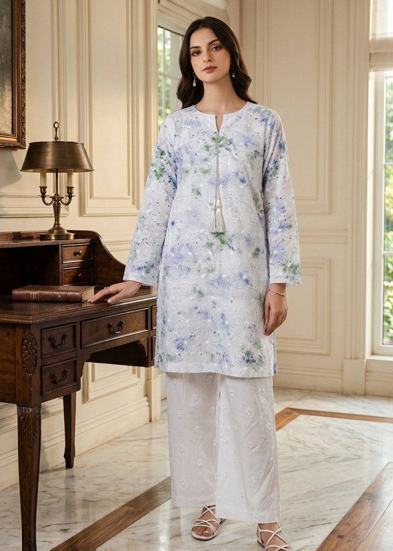 White Floral Chikankari Lawn 2-Piece Stitched Suit with Cotton Trouser