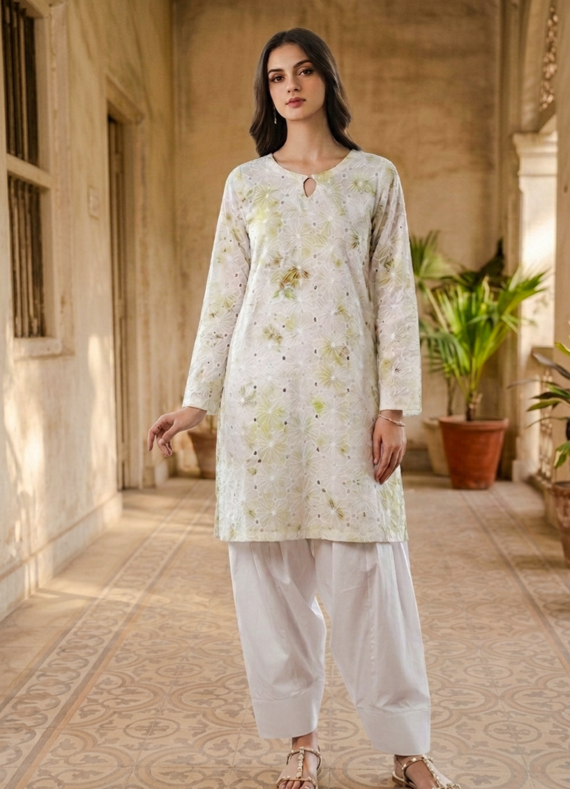 Elegant Off-White Chickenkari Lawn Short Shirt with Farshi Shalwar - 2 Piece Stitched Suit