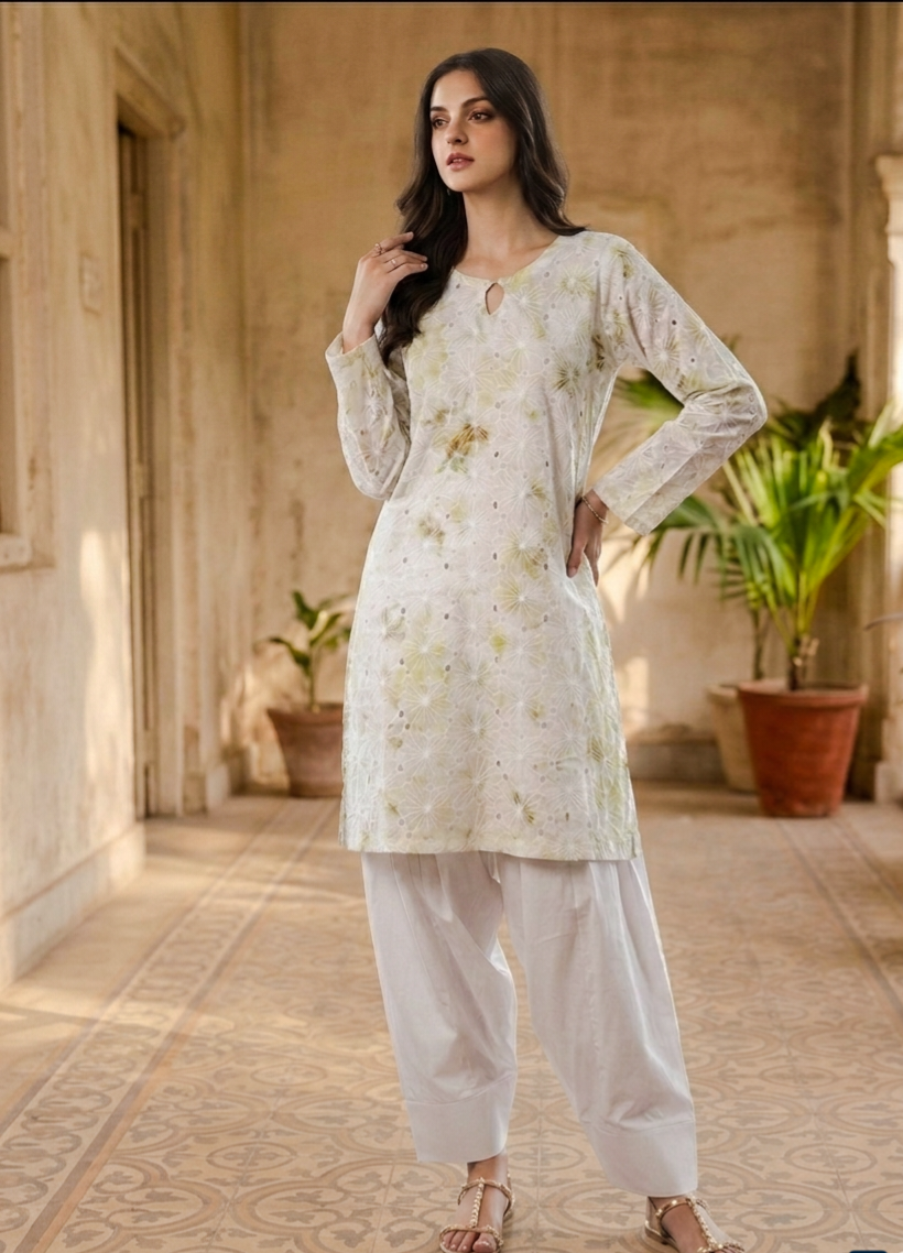 Elegant Off-White Chickenkari Lawn Short Shirt with Farshi Shalwar - 2 Piece Stitched Suit