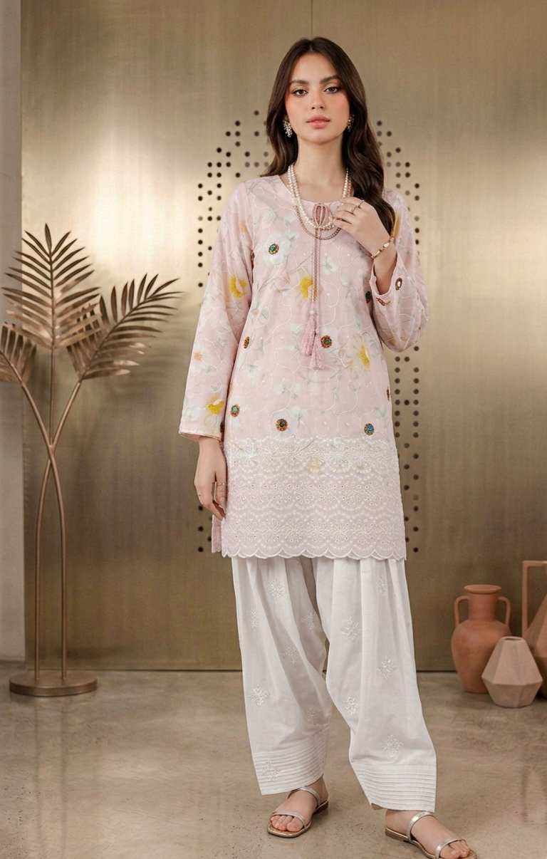 Light Pink Embroidered Lawn Shirt with Off-White Farshi Shalwar - 2 Piece Stitched Suit