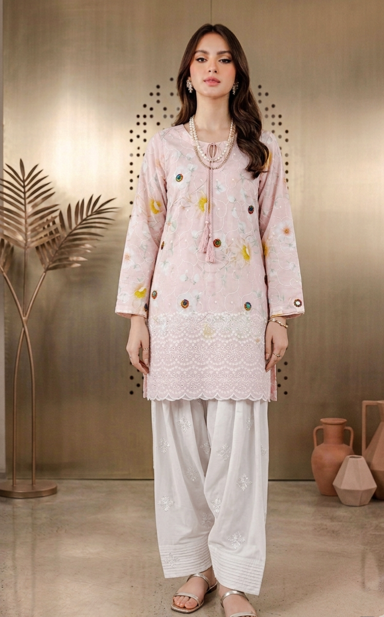 Light Pink Embroidered Lawn Shirt with Off-White Farshi Shalwar - 2 Piece Stitched Suit