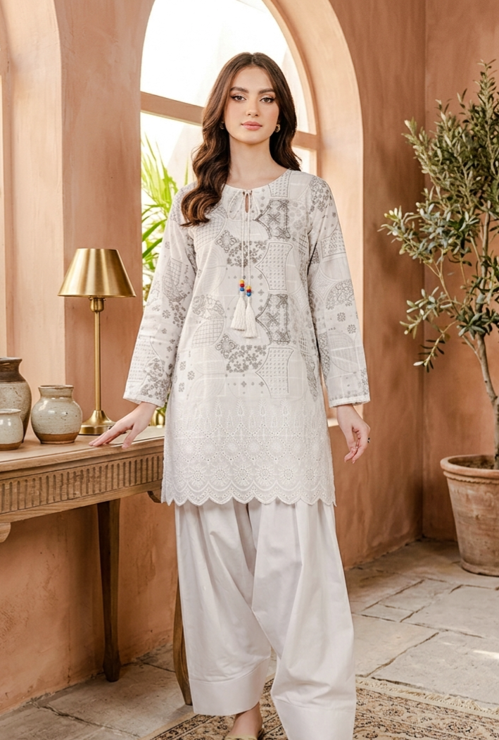 Elegant Off-White 2-Piece Embroidered Lawn Suit with Farshi Shalwar